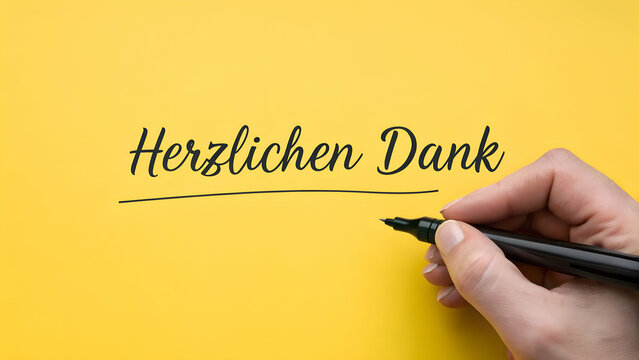 Herzlichen Dank wird mit schwarzem Stift auf gelbe Karte in sch&ouml;ner Schrift geschrieben