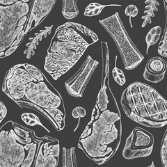 Butchery Shop Chalk Board Seamless Pattern. Vector Hand Drawn Meat Banner. Vintage Style Bar B Q Menu Illustration.