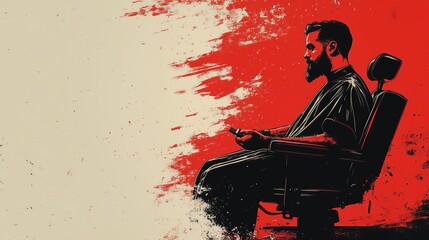 Stylized portrait of a man with a beard sitting in a barber chair.