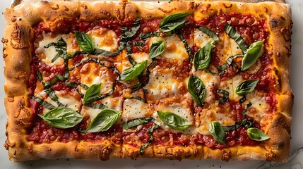 A classic Sicilian pizza with a thick, airy crust, rich tomato sauce, and bubbly mozzarella, isolated on a white background.