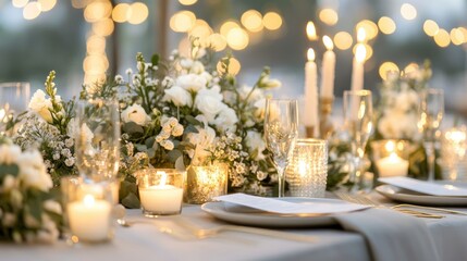 Chic wedding table setting with candles, floral compositions, and greenery, arranged perfectly for a cozy and sophisticated reception.