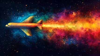 Airplane flying through colorful nebula.