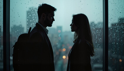 Blurred silhouette of a couple in an indoor office setting against a rainy window backdrop
