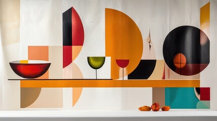 Abstract artwork featuring geometric shapes and fruit on a surface