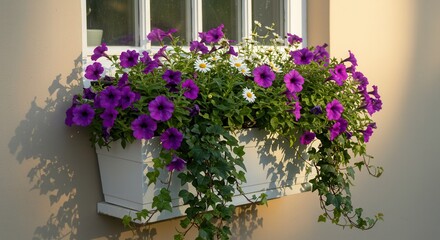 Fototapeta premium Purple Petunias and Daisies in a Window Box with Ivy
