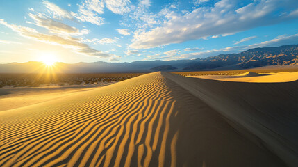 Naklejka premium Stunning desert landscape golden sand dunes sunset view mountains sky arid heat warm wind wild image