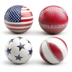 A vibrant composition of sport-themed balls featuring American flag designs and classic baseball patterns, Suitable for sports-related content, events, or promotions,