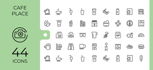 Coffee Shop modern icon. Containing breakfast, bean, tea, shop, cup, mug and more. Thin icons set. Cafe icon collection. Editable vector art and illustration.