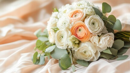 Obraz premium Elegant wedding flowers in soft pastel tones, gracefully resting on a light peach-colored background.