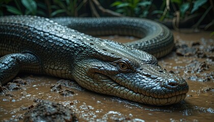 The scales of a gigantic anaconda shimmer in the humidity as it slithers across the muddy jungle floor