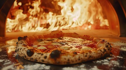 A close-up of a bubbling hot Neapolitan pizza coming out of a wood-fired oven, with flames glowing in the background.