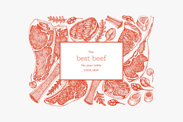 Butchery Shop Design Template. Vector Hand Drawn Meat Banner. Vintage Style Bar B Q Menu Illustration.