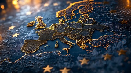 Illuminated European map on digital circuit board.