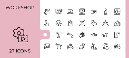 Conference icon set. Included symbol, teamwork, meeting, presentation, leader, online and more. UI icons set in a thin style. Line linear icon collection. Pixel perfect. Vector collections.