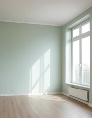 Obraz premium Light-Filled Empty Room with Pale Green Walls and Hardwood Flooring