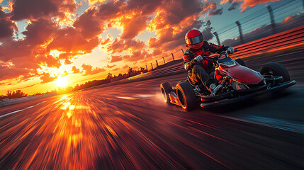 Obraz premium Go-kart speeds around the racetrack as the sun sets ablaze in the background creating a vibrant and dynamic scene.