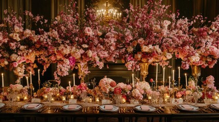 Romantic wedding table design with pink flowers, candles, and elegant dinnerware, offering a cozy and stylish atmosphere for the reception.