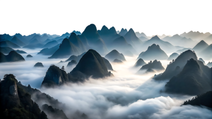 dark mountains with foggy valley isolated on white background PNG , AI GENERATED