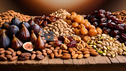 A warm and inviting Middle Eastern dried fruit background, highlighting figs, dates, and nuts, designed with a clear space for customizable text.