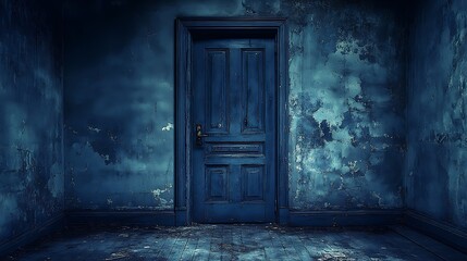Dark room with blue door and peeling walls.