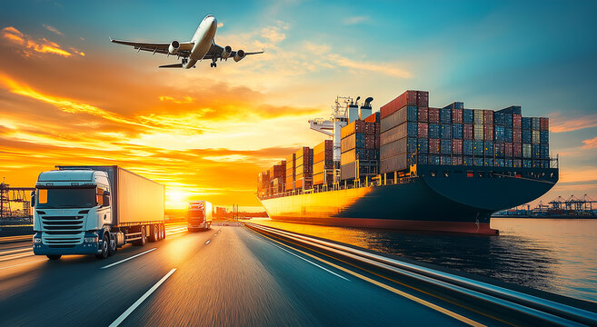 Global Transportation and Logistics Network, Cargo Ship Container Freight and Truck at Sunset Harbor with Airplane, International Trade and Supply Chain Concept