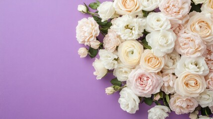 White and blush roses arranged delicately for a wedding, displayed beautifully on a soft pastel purple background.