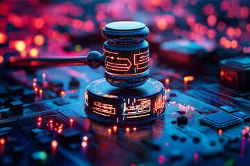 Futuristic Digital Judge Gavel, Cyberpunk Circuit Board with Neon Glowing Elements, Technology and Justice Concept, Digital Law and Cyber Security Themes