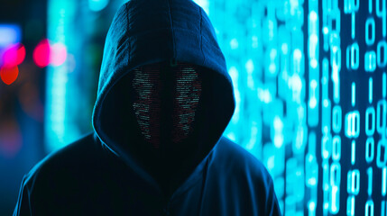 Hooded figure silhouetted against digital binary code background, Cybersecurity threat concept in dark blue tones, Digital crime and hacking visualization for technology security themes