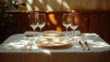 Elegant table setting, sunlight filtering through