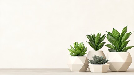 A serene arrangement of various potted plants on a minimalist surface with a neutral background