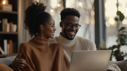 Joyful multiethnic couple collaborating on a laptop in a modern living room