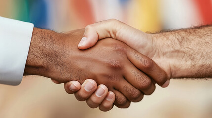 Fototapeta premium Handshake of Unity Between Diverse Ethnicities in Professional Setting