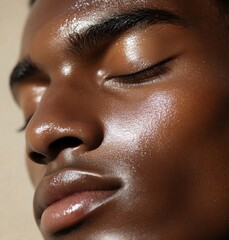 Close-up of young african male with radiant skin and closed eyes