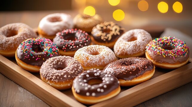 Assorted Donuts on a Wooden Tray