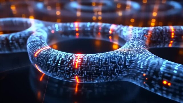 Futuristic digital chain link glowing with binary code in a dark environment, symbolizing technology