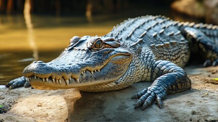 Fototapeta premium A large crocodile rests peacefully on a sandy river bank