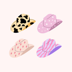 Cowboy hats with different ornaments collection. Cowgirl hat. Western and Wild West theme. Cow print, stars print. Trendy retro design. Vector illustration