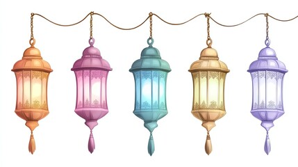 Obraz premium Hanging Colorful Ramadan Lanterns Illustration for Festive Decorations and Celebrations