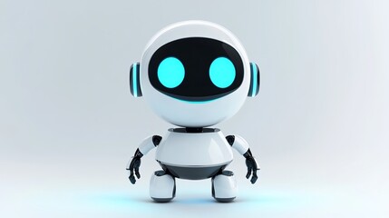 3D vector chatbot icon styled as a charming robot with a bright digital smile and blue eyes in soft white tones