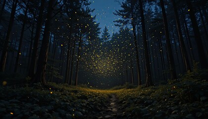 Fototapeta premium A cluster of fireflies illuminating a pitch-black forest clearing