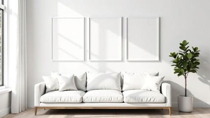 Mockup, Three white photo frames weigh on a white wall, modern living room