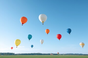 Naklejka premium vibrant array of colorful balloons rises against clear blue sky during lively local festival open grassy field in soft