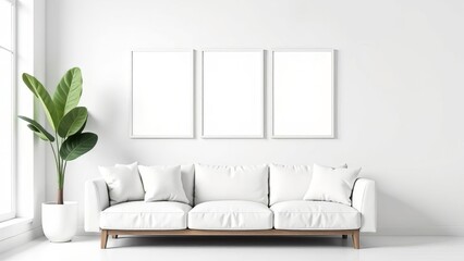 Mockup, Three white photo frames weigh on a white wall, modern living room