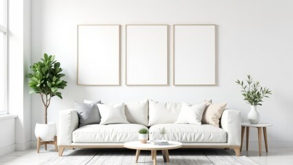Fototapeta premium Mockup, Three white photo frames weigh on a white wall, modern living room