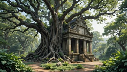 Naklejka premium An old tree in the bush with roots bending over a vanished temple