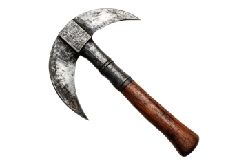 Handheld metal sickle with a wooden handle Isolated on White and Transparent Background PNG Image.