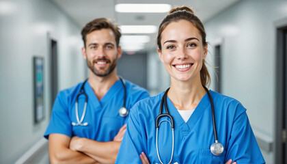 Healthcare heroes smiling in hospital corridor, trust and commitment, labor day