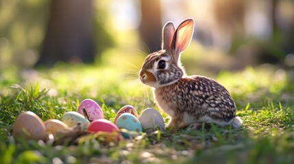 Obraz premium Easter bunny looking away surrounded by colorful eggs in a meadow
