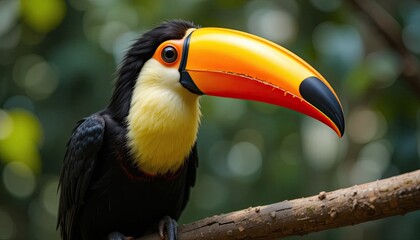 Naklejka premium A toucan with its vibrant beak gleaming in the sunlight, perched on a tree branch