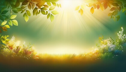  Soft glowing summer sunlight filtering into the border, white background.